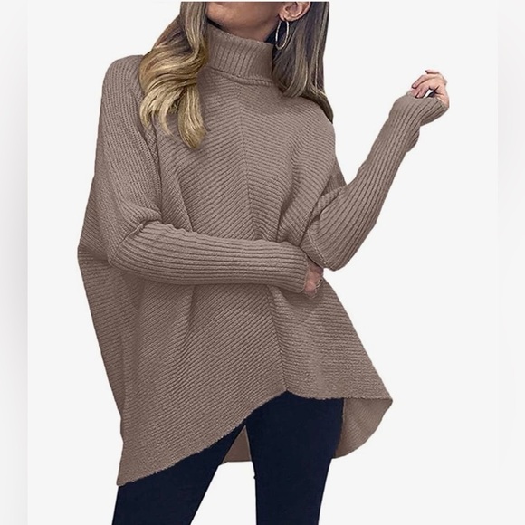 Sweaters - Medium Oversized Turtleneck Batwing Knit Pullover Tunic Sweater taupe long